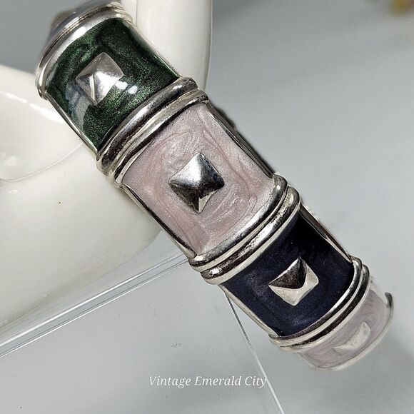 Vtg Geo Glam Enamel Clamper Silver Tone Hinge Bangle Bracelet Green Pink & Blue - Picture 2 of 12